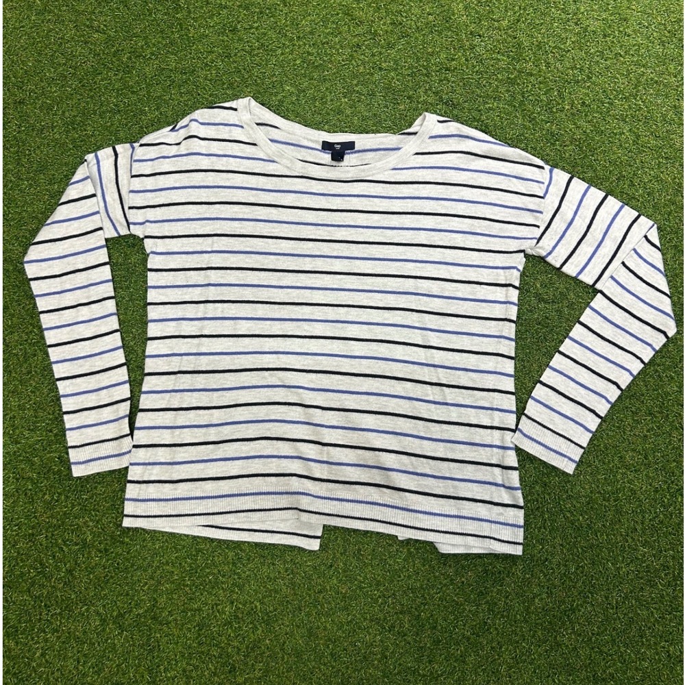 Gap Womens Small Gray Blue Striped Long Sleeve Split Back Knit Sweater Top